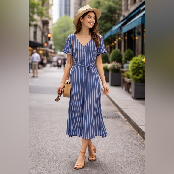 AGB Dresses & Skirts - AGB Women’s Blue Striped Short Sleeve V-neck Button Front Midi Belted Dress 14